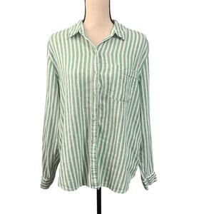 Universal Thread Women's White Green Stripe Linen Blend Button Up Shirt Sz M